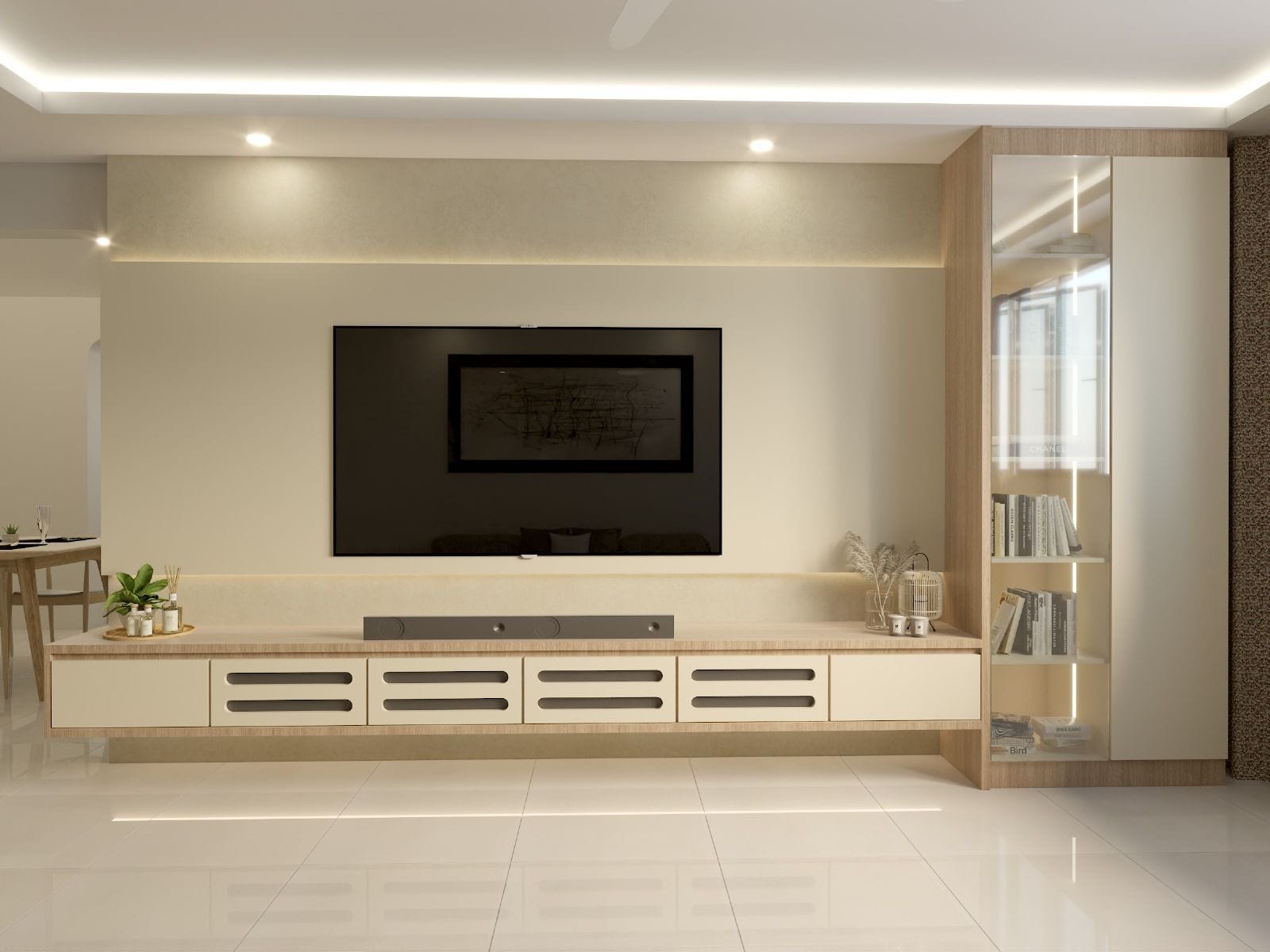 Living room renovation featuring warm oak carpentry and custom ambient cove lighting in a Singapore residence