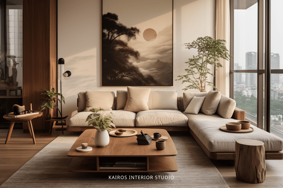 Japandi living room blending Japanese minimalism with Nordic warmth
